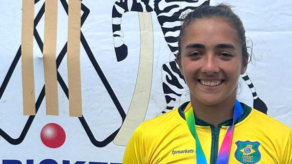 Laura Cardoso celebrating Brazil cricket win