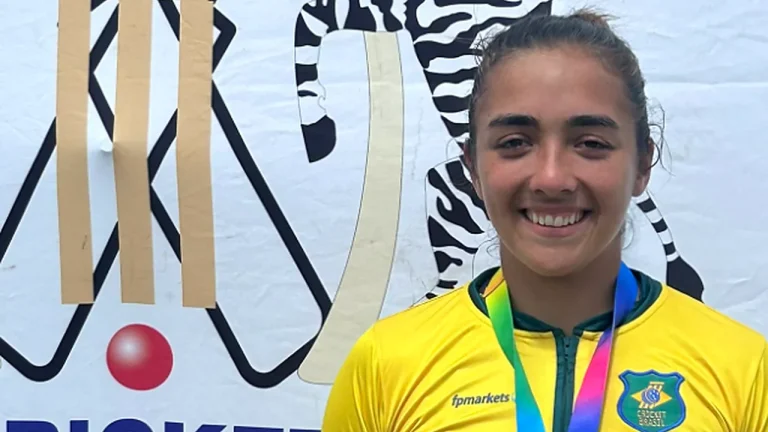 Laura Cardoso celebrating Brazil cricket win